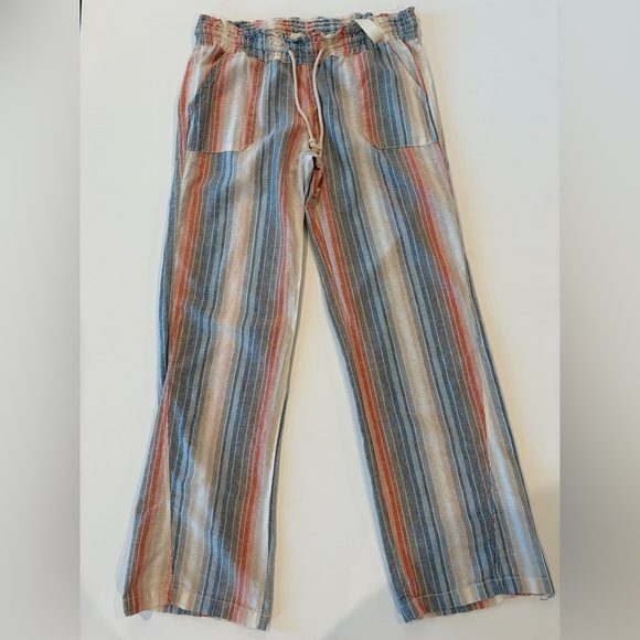 April Kiss Pants - April Kiss Smocked Waist Boho Linen Cotton Blend Large Beach Pants Blue Orange